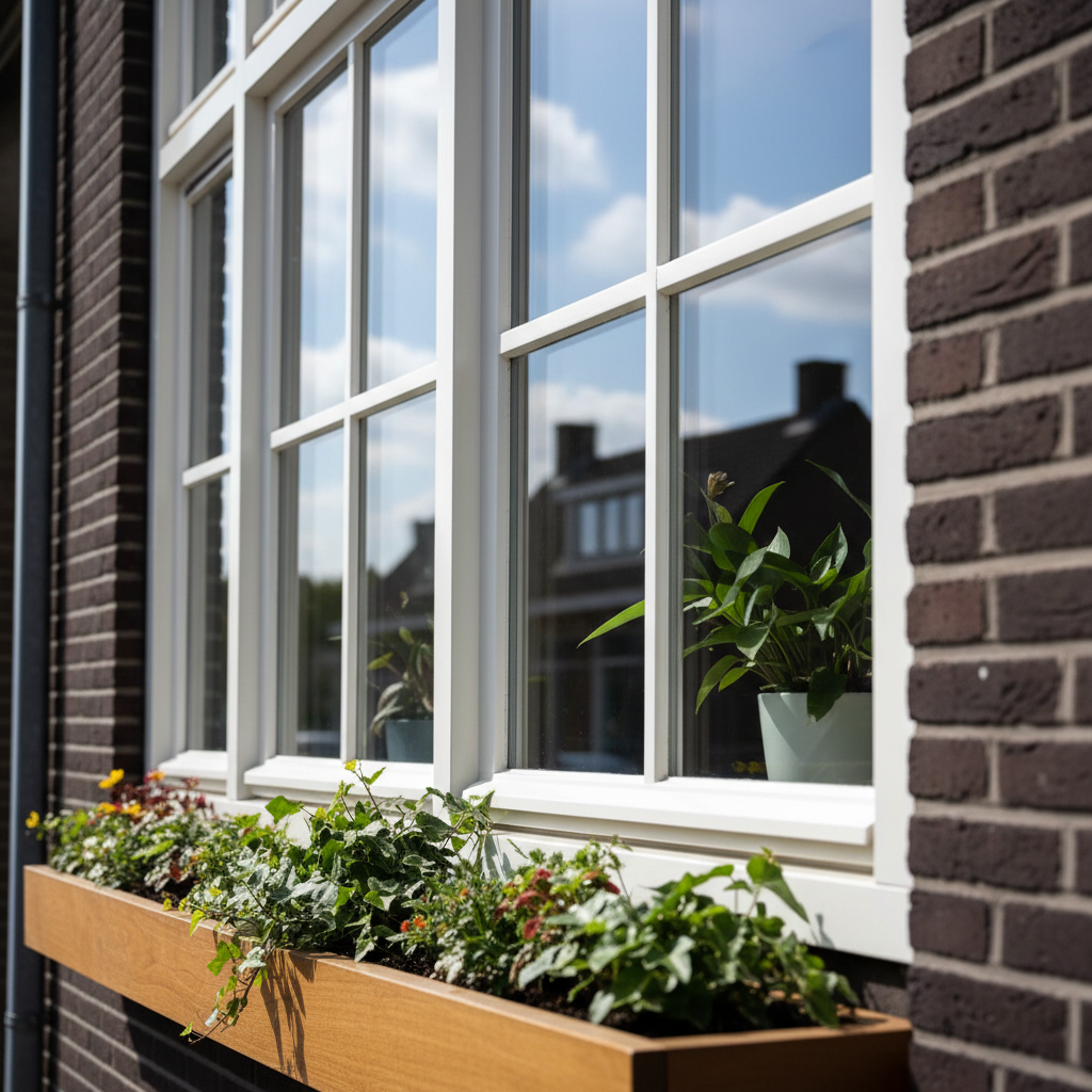 A close-up of crystal-clear residential windows in a modern Dutch home, the white-painted wooden frames freshly cleaned and perfectly sharp against a dark brick facade. Sunlight glints off the glass, revealing a flawless, streak-free surface and a subtle reflection of a blue sky with soft clouds. Around the windows, a tidy flower box with healthy green plants and a neat sill suggests a well-maintained property. Photographic realism with a slightly angled perspective and shallow depth of field keeps the focus on the pristine glass while the background softly blurs. The mood is fresh, welcoming, and professional, ideal for a premium window cleaning service.