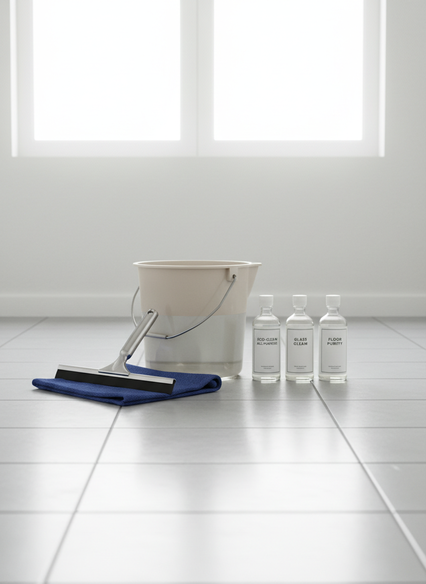 A neatly arranged set of professional cleaning equipment staged in a clean, bright utility area. A high-quality squeegee with a stainless-steel handle, a blue microfiber cloth folded precisely, a sturdy bucket with clear water, and labeled eco-friendly cleaning bottles stand on a light grey tiled floor. Behind them, a white wall with subtle texture and a large, spotless window lets in diffused daylight, creating soft highlights on metal surfaces and gentle reflections on the tiles. Photographic realism with an eye-level composition and sharp focus throughout emphasizes order, reliability, and attention to detail, conveying a professional and trustworthy cleaning company image.