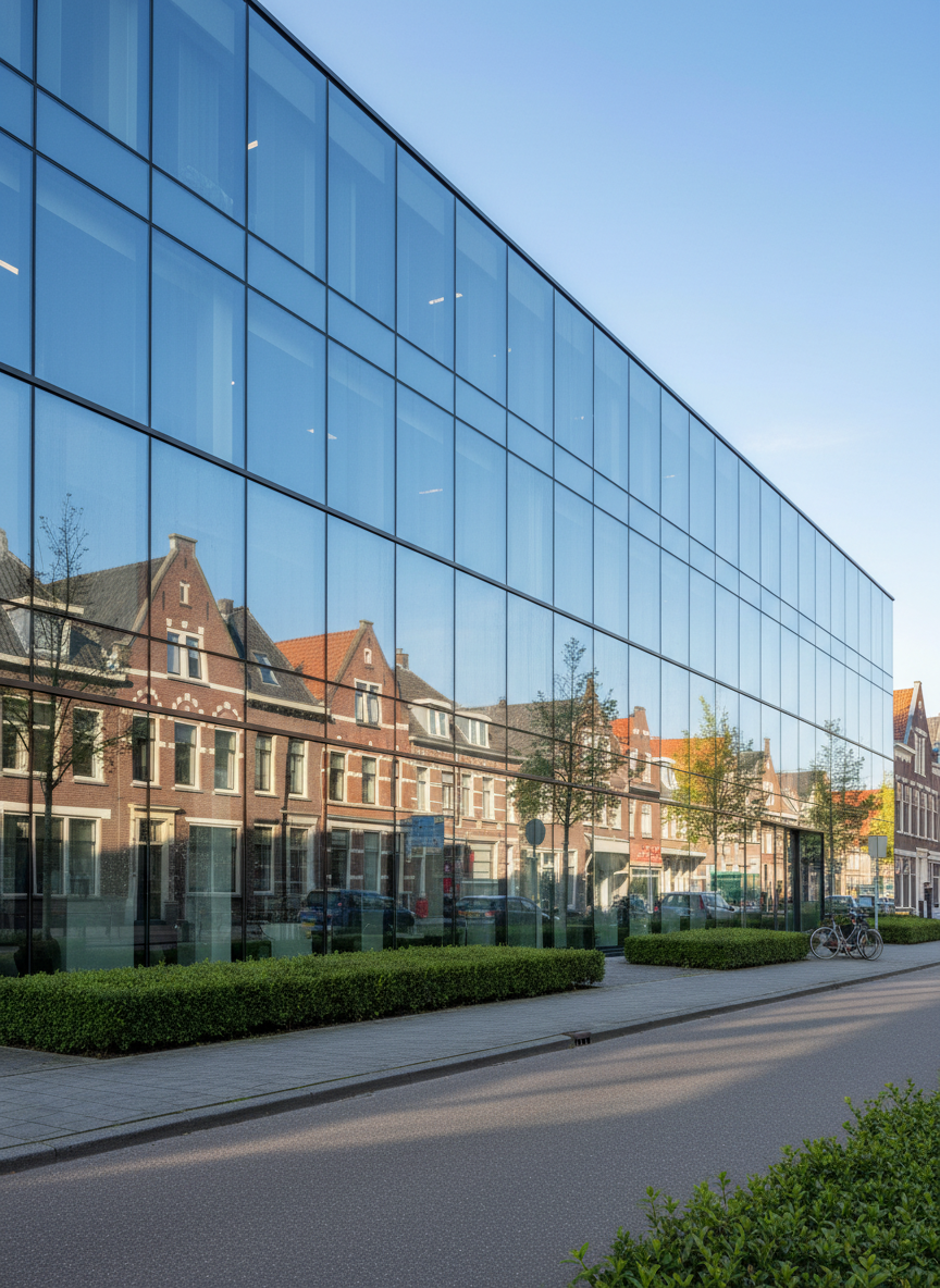 A spotless, large glass office facade freshly cleaned, every window perfectly transparent and gleaming. Fine beads of water cling to the lower edges of the glass panels, with subtle streak-free reflections of a blue Dutch sky and traditional brick buildings in the background. The building sits on a tidy paved street lined with low hedges and neatly trimmed greenery. Captured in photographic realism at an eye-level angle, with soft early afternoon natural light enhancing the clarity of the glass and casting gentle shadows on the pavement. The composition uses the rule of thirds, emphasizing the bright, professional appearance of the building and a calm, trustworthy atmosphere for a premium cleaning company.