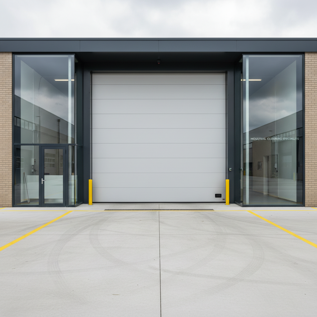 An industrial warehouse entrance in Deventer or Assen, with a large, impeccably clean loading door and adjacent glass panels. The smooth metal door surface is free of grime or marks, while the side windows gleam with clear reflections of an overcast sky and nearby structures. The concrete apron in front of the entrance appears pressure-washed and uniform in color, contributing to an overall sense of thorough specialist cleaning. Photographic realism with an eye-level perspective, even diffused lighting, and sharp focus throughout highlights functional details like drainage channels and safety markings. The atmosphere is professional, efficient, and reliable, ideal for showcasing specialist industrial cleaning services.
