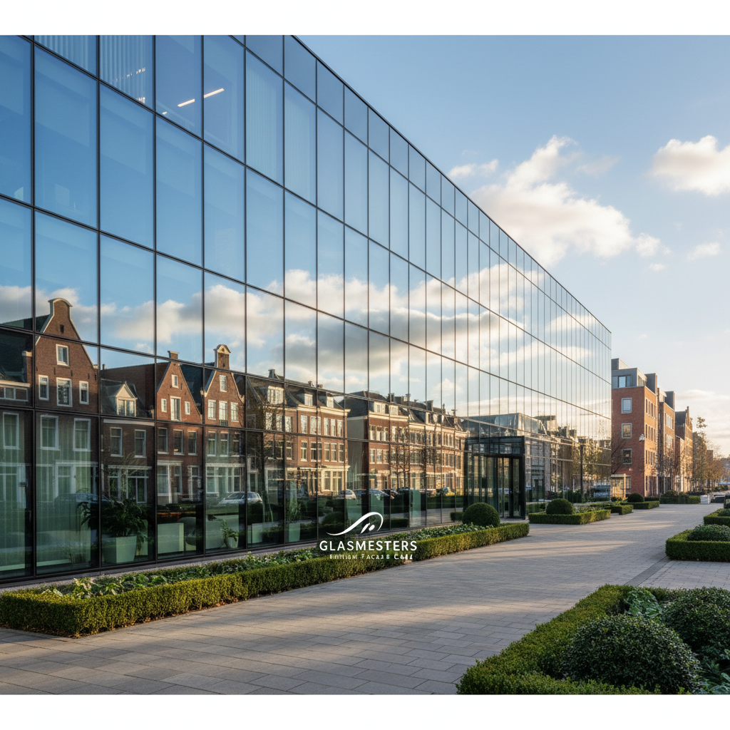A spotless, large glass office facade freshly cleaned, every window perfectly transparent and gleaming. Fine beads of water cling to the lower edges of the glass panels, with subtle streak-free reflections of a blue Dutch sky and traditional brick buildings in the background. The building sits on a tidy paved street lined with low hedges and neatly trimmed greenery. Captured in photographic realism at an eye-level angle, with soft early afternoon natural light enhancing the clarity of the glass and casting gentle shadows on the pavement. The composition uses the rule of thirds, emphasizing the bright, professional appearance of the building and a calm, trustworthy atmosphere for a premium cleaning company.