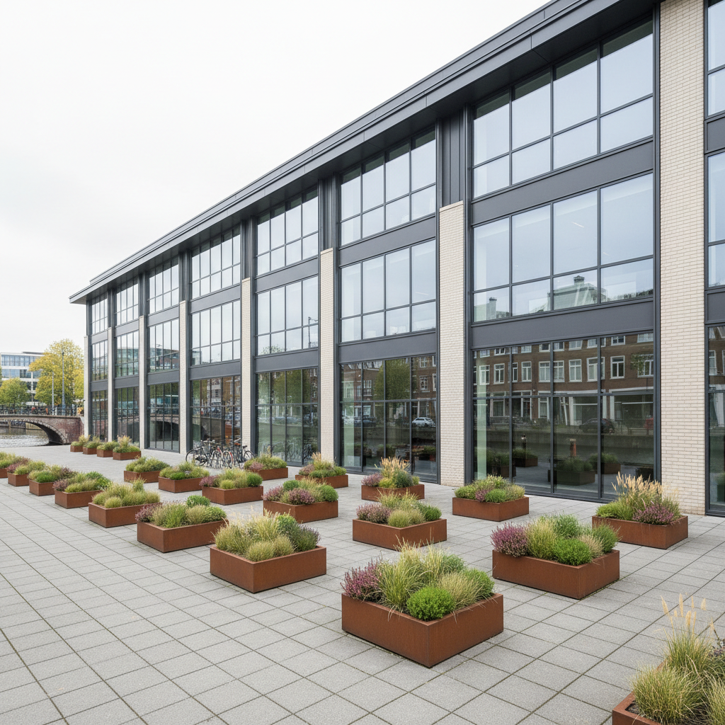 A wide exterior view of a mid-rise commercial building in a Dutch city, featuring large, freshly cleaned glass windows and curtain walls. The facade combines modern metal framing with light brick elements, all appearing immaculate and well maintained. The pavement below is free of debris, and small landscaped planters with low shrubs and ornamental grasses line the base. Soft overcast daylight creates even, diffused lighting, reducing harsh shadows and emphasizing the uniform cleanliness of the surfaces. Captured in photographic realism from a slightly elevated angle with balanced composition, the scene feels calm, organized, and professional, perfect to showcase specialist cleaning for offices and businesses.