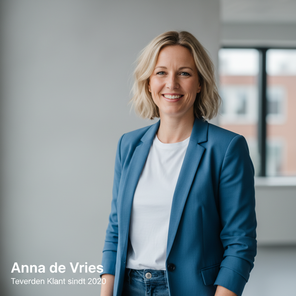 Portretfoto van een vriendelijke Nederlandse vrouw van rond de 30–40 jaar in zakelijke casual kleding, die tevreden glimlacht, neutrale lichte achtergrond, geschikt als klantreview foto op een website van een schoonmaak- en glazenwassersbedrijf.