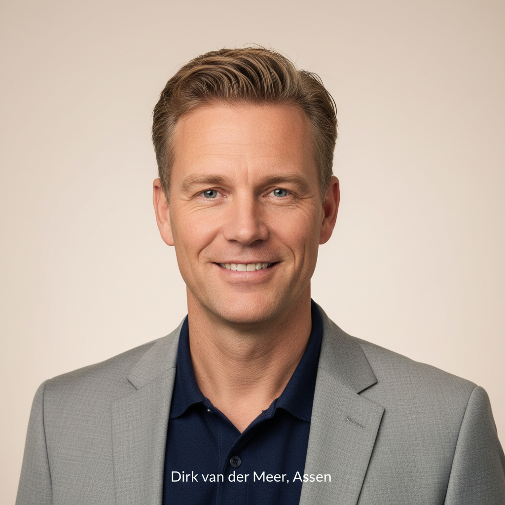Portretfoto van een vriendelijke Nederlandse man van rond de 40–50 jaar, licht korte haren, zakelijke casual kleding (overhemd of polo), die tevreden glimlacht. Neutrale lichte achtergrond, professionele maar toegankelijke uitstraling, geschikt als klantreviewfoto op de website van een schoonmaak- en glazenwassersbedrijf in Assen.